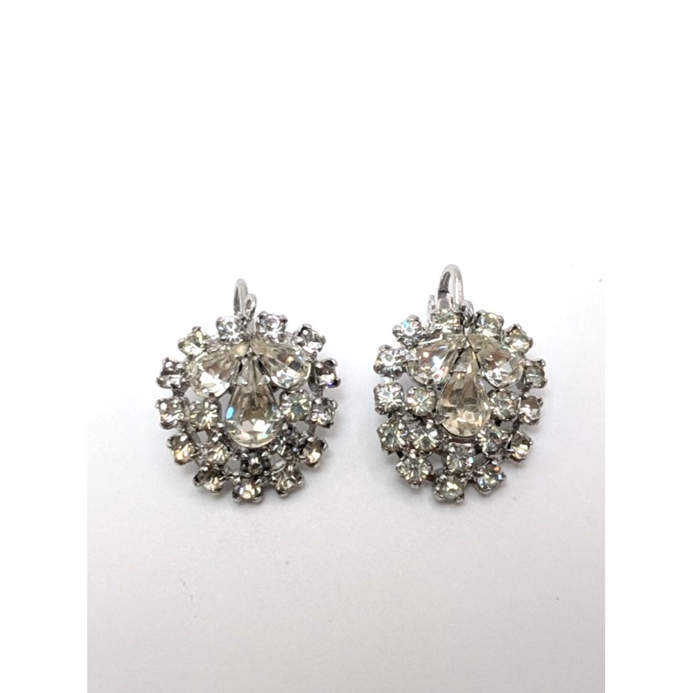 Vintage Bridal Clear Rhinestone Teardrop Cluster Clip On Earrings Silver Tone
